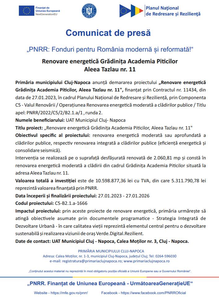 Comunicat de presă - "PNRR: Fonduri pentru România modernă și reformată!" - Renovare energetică Grădinița Academia Picilor