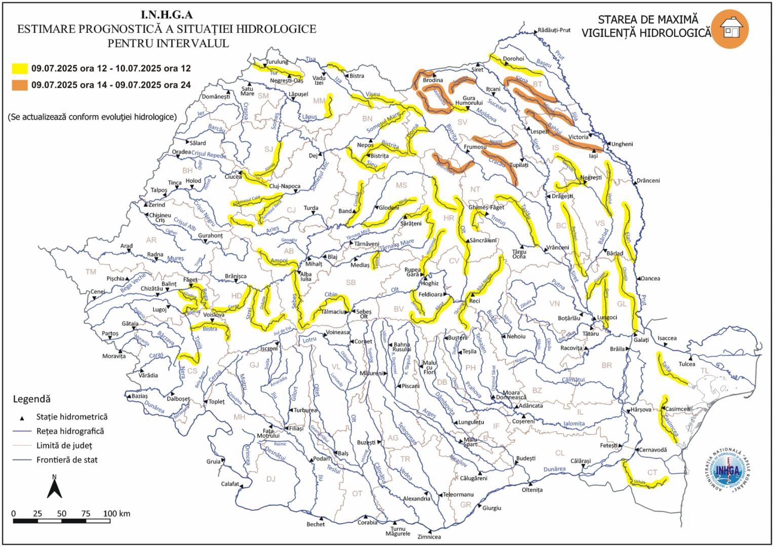 ALERTE hidrologice Cod PORTOCALIU și GALBEN de inundații în mai multe județe/ Vizat și Clujul