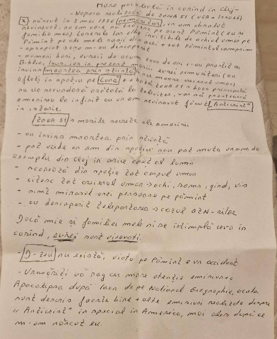 Scrisoare misterioasă cu teorii conspiraționiste, găsită din nou în cutii poștale din Cluj. Locuitorii susțin că o primesc de ani buni
