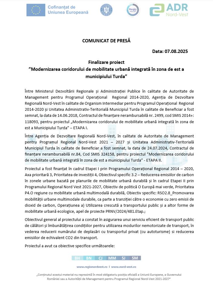Finalizare proiect ”Modernizarea coridorului de mobilitate urbană integrată în zona de est a municipiului Turda”