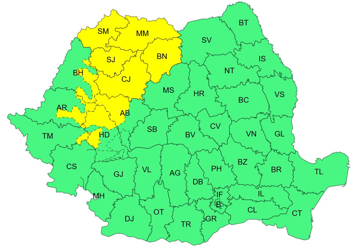 Informare de vreme rea în cea mai mare parte a țării! Urmează două zile cu ploi și vânt/ Atenționare COD GALBEN pentru Cluj