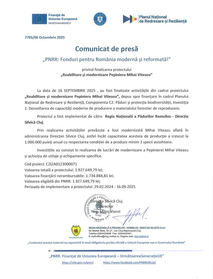 Comunicat de presă - "PNRR: Fonduri pentru România modernă și reformată!" - Finalizarea  proiectului "Reabilitare şi modernizare Pepini