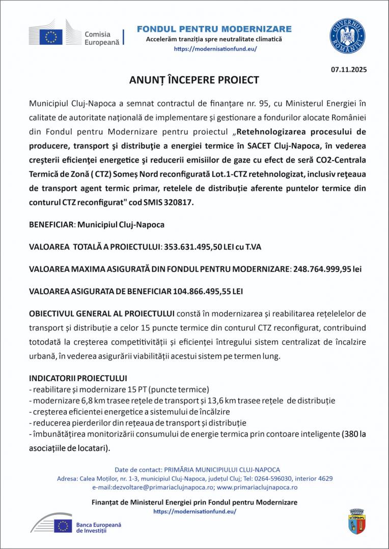 Primăria Cluj-Napoca anunță începerea proiectului „Retehnologizarea procesului de producere, transport şi distribuţie a energiei termice în SACET Cluj