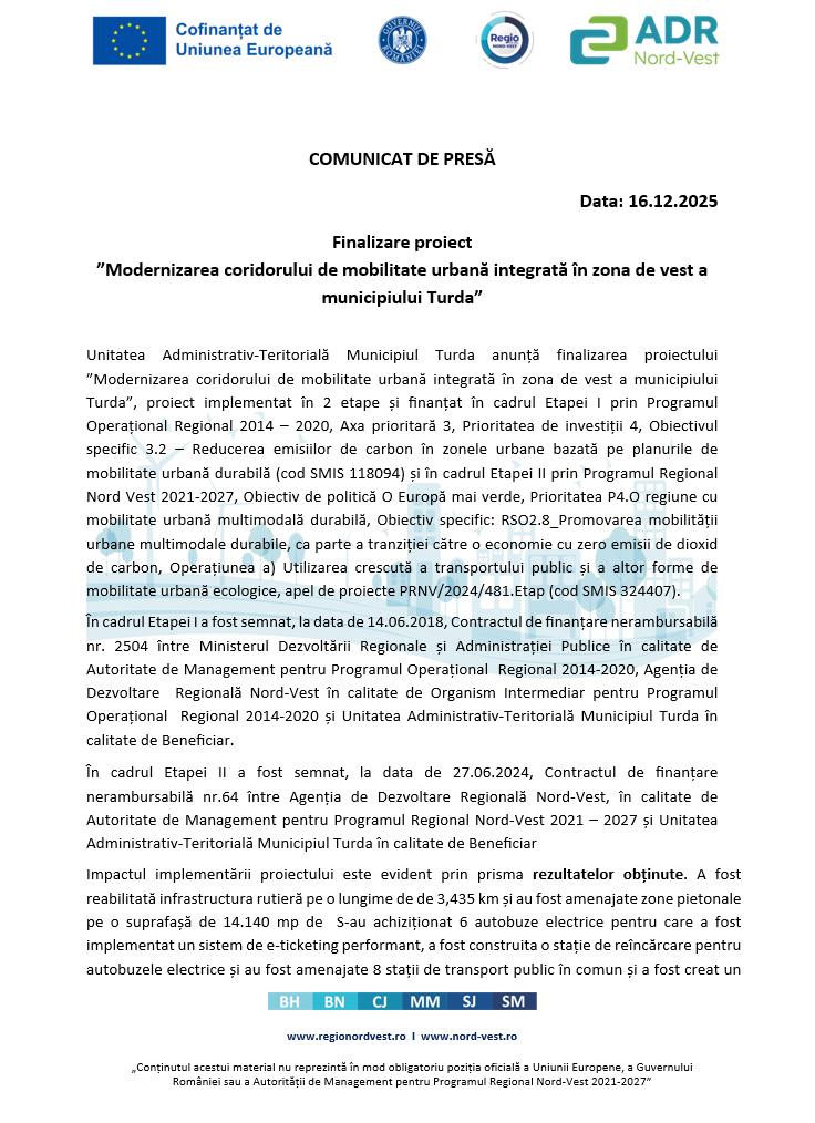 Comunicat de presă: Finalizare proiect ”Modernizarea coridorului de mobilitate urbană integrată în zona de vest a municipiului Turda”