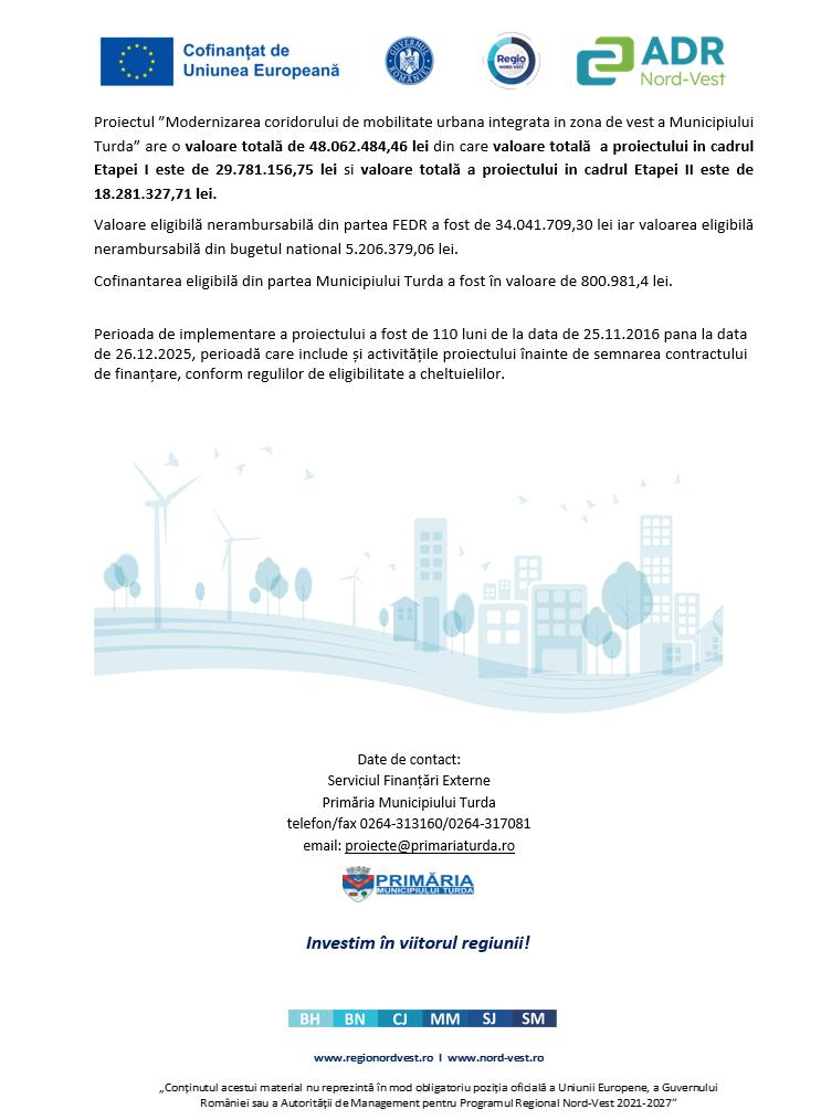 Comunicat de presă: Finalizare proiect &rdquo;Modernizarea coridorului de mobilitate urbană integrată &icirc;n zona de vest a municipiului Turda&rdquo;