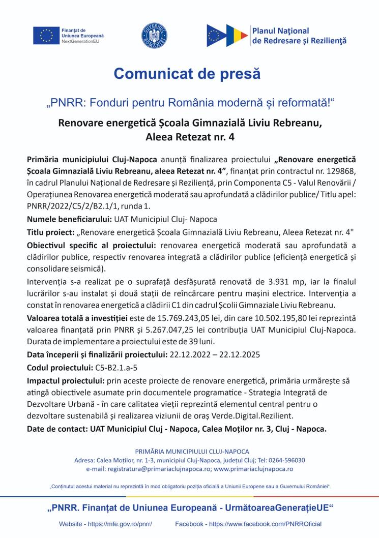 Comunicat de presă: Primăria Cluj-Napoca anunță finalizarea proiectului &bdquo;Renovare energetică Școala Gimnazială Liviu Rebreanu, aleea Retezat nr. 4&rdquo;