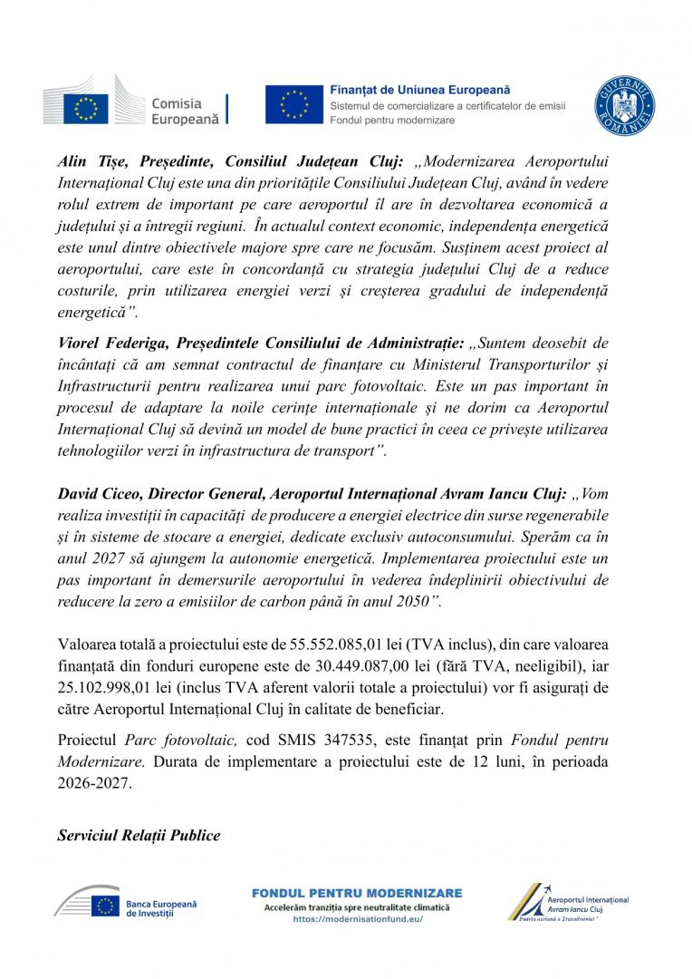 COMUNICAT DE PRESĂ: Semnarea contractului de finanțare pentru proiectul ,,Parc fotovoltaic&rdquo; la Aeroportul Internațional Avram Iancu Cluj