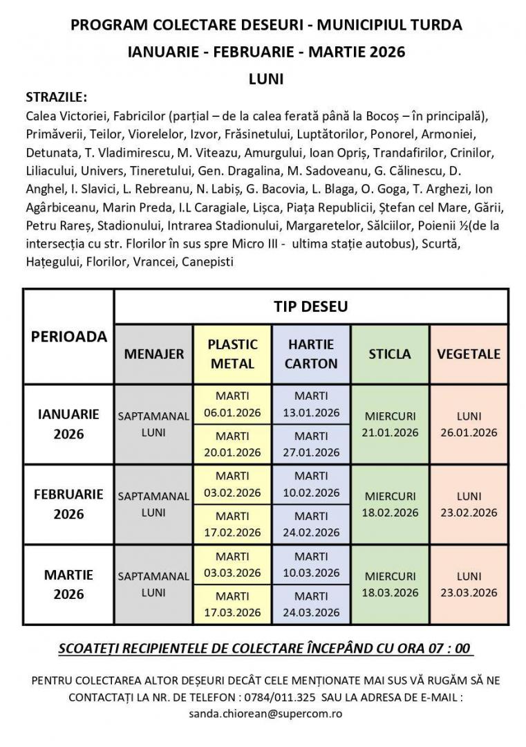Iată programul de colectare a deșeurilor la Turda pe lunile ianuarie, februarie și martie