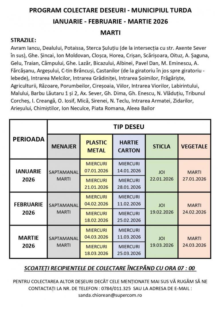 Iată programul de colectare a deșeurilor la Turda pe lunile ianuarie, februarie și martie