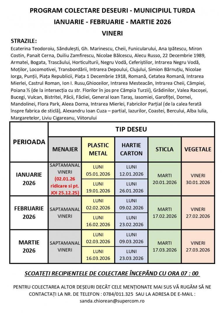 Iată programul de colectare a deșeurilor la Turda pe lunile ianuarie, februarie și martie