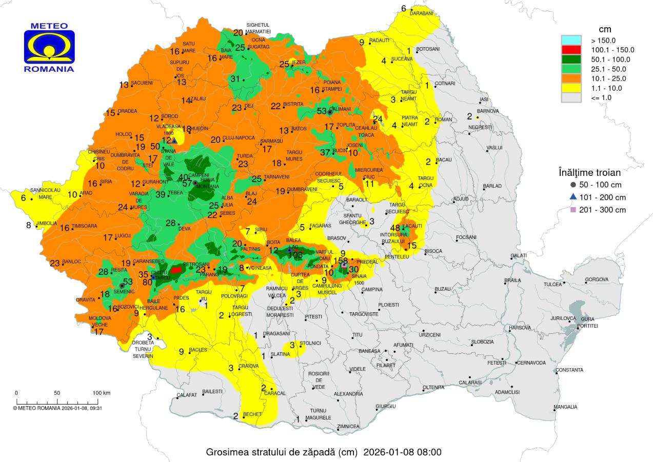 Harta zonelor din Rom&acirc;nia cu cel mai mare strat de zăpadă: la Vlădeasa și Băișoara stratul de zăpada atinge un metru