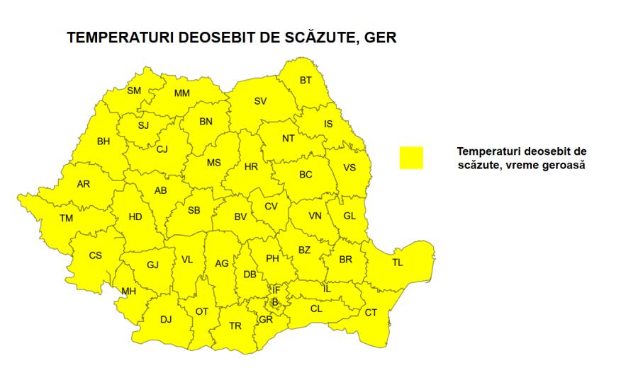 Temperaturi extrem de scăzute la Cluj: cod galben de ger, pe fondul unui val de aer polar