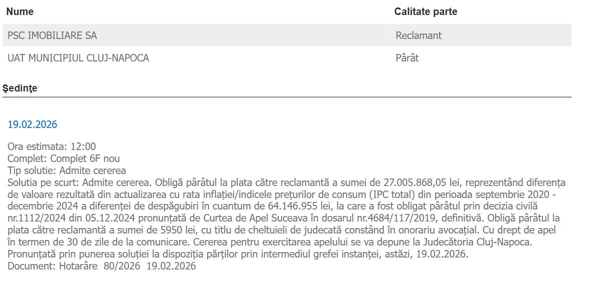 Lovitură financiară pentru Primăria Cluj-Napoca: &icirc;ncă 27 de milioane de lei către Sile Pușcaș &icirc;n scandalul Parcului Observator