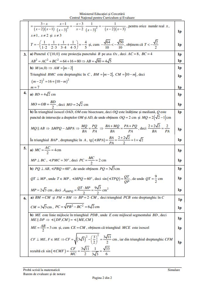 Baremul de corectare pentru proba de Matematică de la simularea Evaluării Naționale