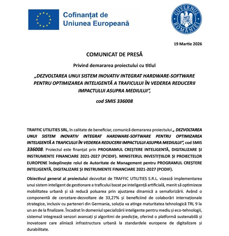 COMUNICAT DE PRESĂ privind demararea proiectului cu titlul &bdquo;DEZVOLTAREA UNUI SISTEM INOVATIV INTEGRAT HARDWARE-SOFTWARE PENTRU OPTIMIZAREA INTELIGENTĂ