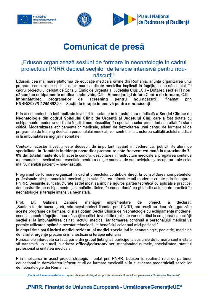 Comunicat de presă - &bdquo;Eduson organizează sesiuni de formare &icirc;n neonatologie &icirc;n cadrul proiectului PNRR dedicat secțiilor de terapie intensivă pentru n