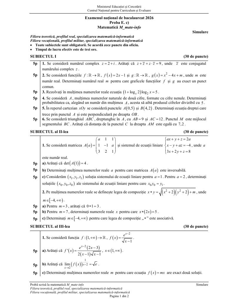 Simulare BAC 2026. Ce subiecte au primit elevii la Matematică/ Au fost publicate baremele de corectare