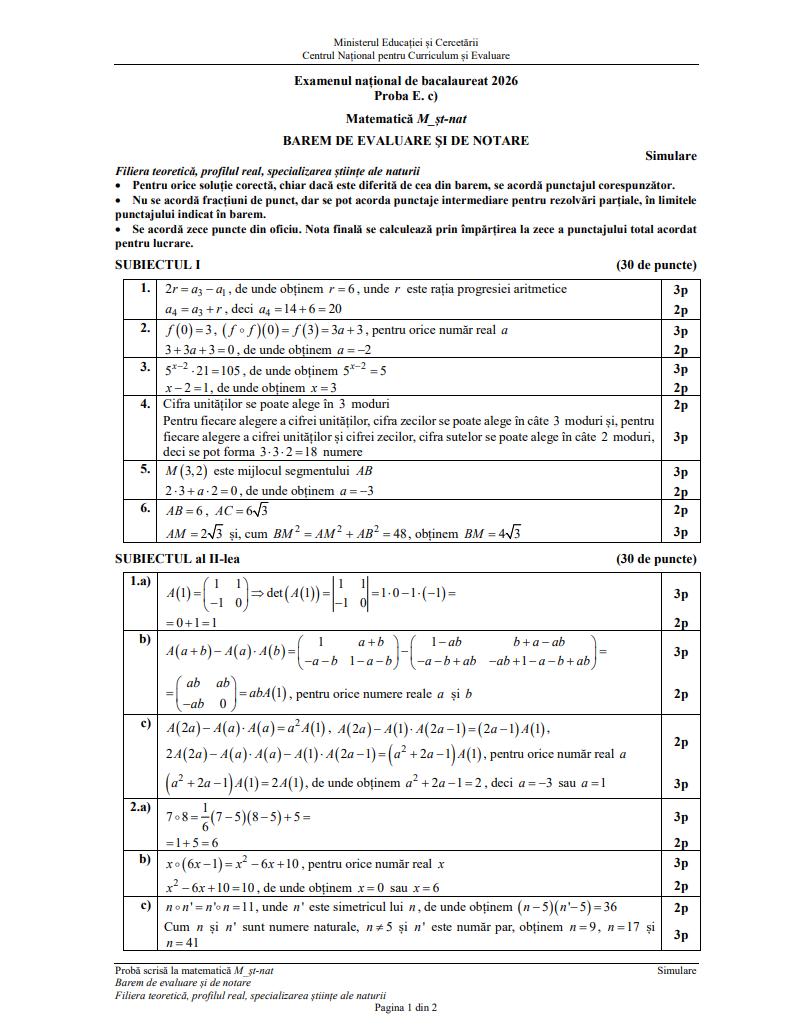 Simulare BAC 2026. Ce subiecte au primit elevii la Matematică/ Au fost publicate baremele de corectare