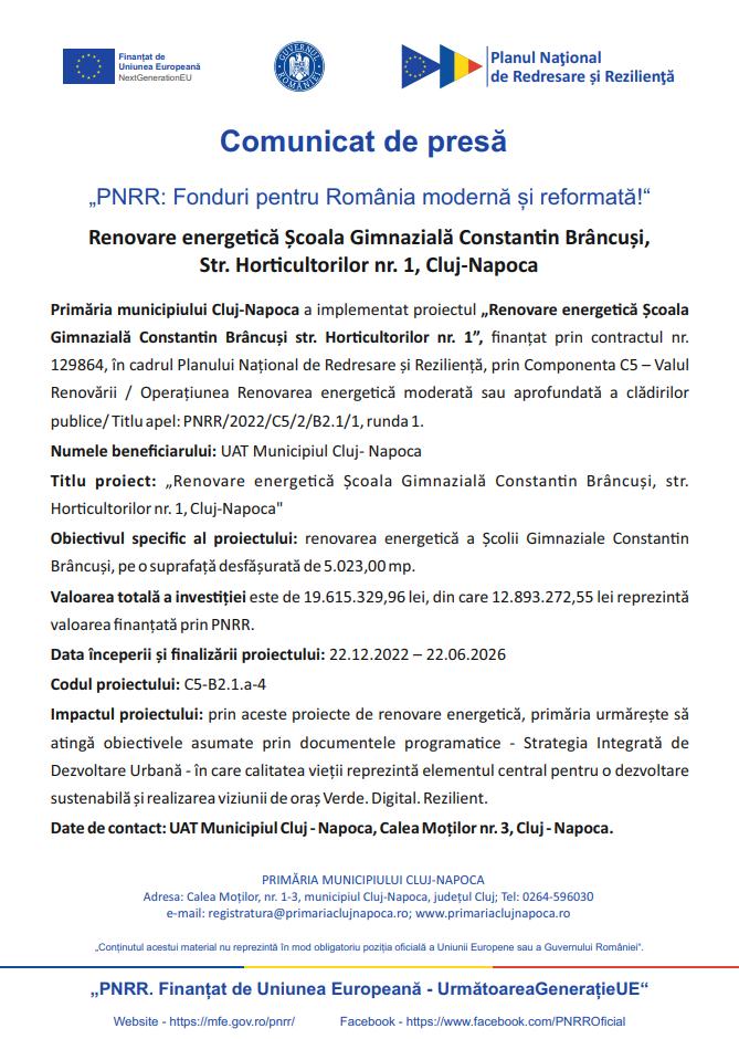 Comunicat de presă - &bdquo;PNRR: Fonduri pentru Rom&acirc;nia modernă și reformată!&ldquo; Finalizarea proiectului Școala Gimnazială Constantin Br&acirc;ncuși, Str. Horticul