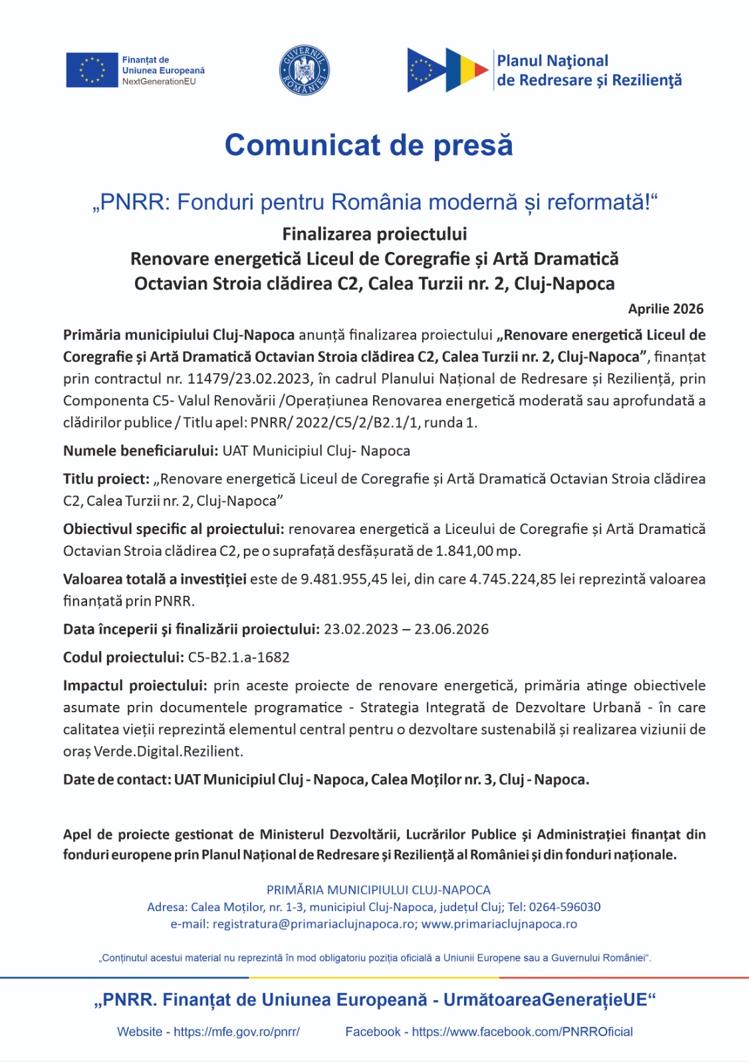 Comunicat de presă &bdquo;PNRR: Fonduri pentru Rom&acirc;nia modernă și reformată!&ldquo; - Finalizarea proiectului Renovare energetică Liceul de Coregrafie și Artă Dra