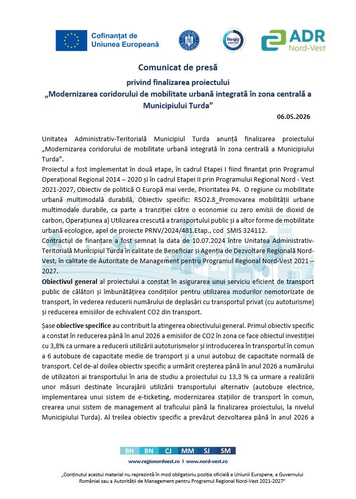 Comunicat de presă: Finalizare proiect &rdquo;Modernizarea coridorului de mobilitate urbană integrată &icirc;n zona centrală a Municipiului Turda&rdquo;