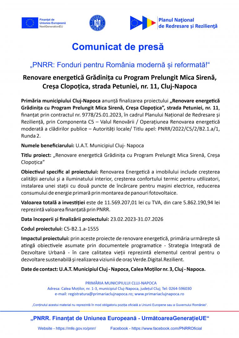 Comunicat de presă: Primăria Cluj-Napoca anunță finalizarea proiectului &bdquo;Renovare energetică Grădinița cu Program Prelungit Mica Sirenă, Creșa Clopoți