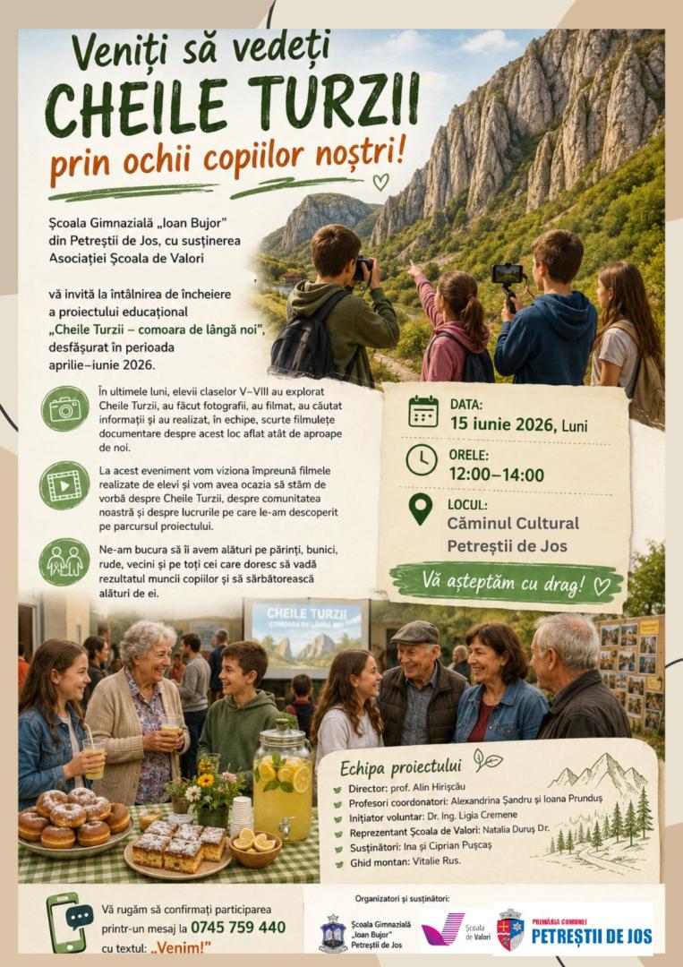&rdquo;Cheile Turzii &ndash; comoara de l&acirc;ngă noi&rdquo; / Invitație &icirc;n Petreștii de Jos la un final de proiect inedit cu documentare realizate de puștii de gimnaziu