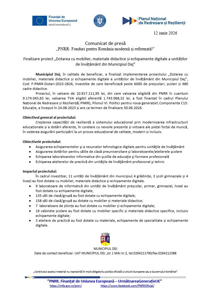 Comunicat de presă: Finalizare proiect &bdquo;Dotarea cu mobilier, materiale didactice și echipamente digitale a unităților de &icirc;nvățăm&acirc;nt din Municipiul Dej