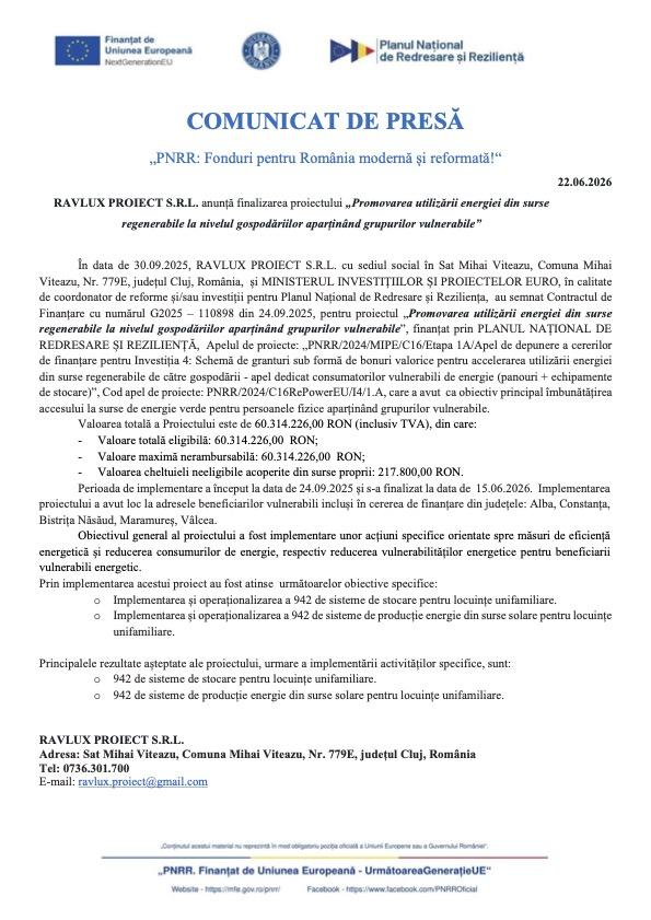 Anunț finalizare proiect