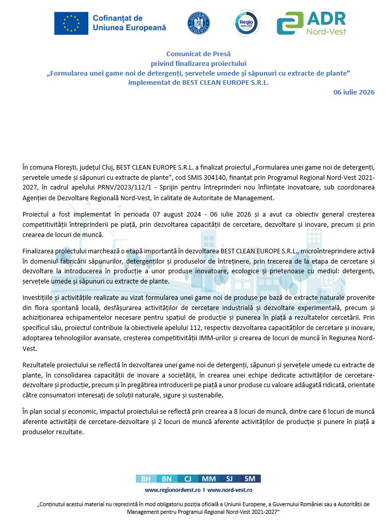 Comunicat de Presă: Finalizarea proiectului &bdquo;Formularea unei game noi de detergenți, șervetele umede și săpunuri cu extracte de plante&rdquo; implementat de