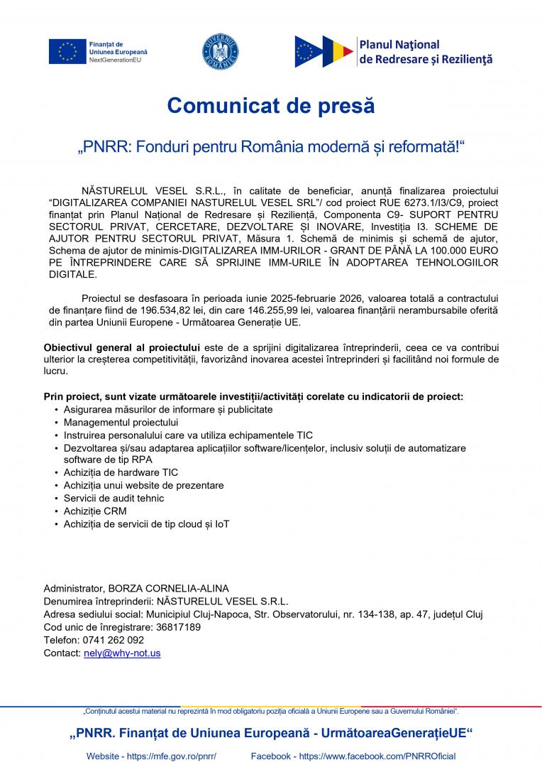 Comunicat de presă &bdquo;PNRR: Fonduri pentru Rom&acirc;nia modernă și reformată!&ldquo;