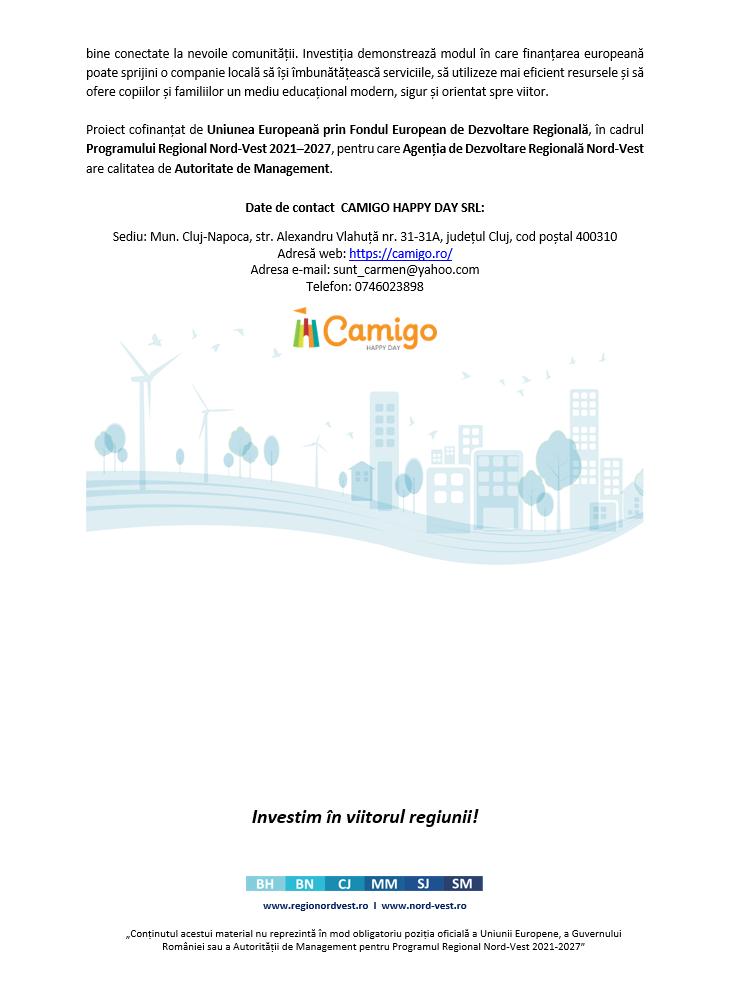 Comunicat de presă privind finalizarea proiectului  &bdquo;Digitalizarea CAMIGO HAPPY DAY SRL&rdquo; &ndash; cod SMIS 334626