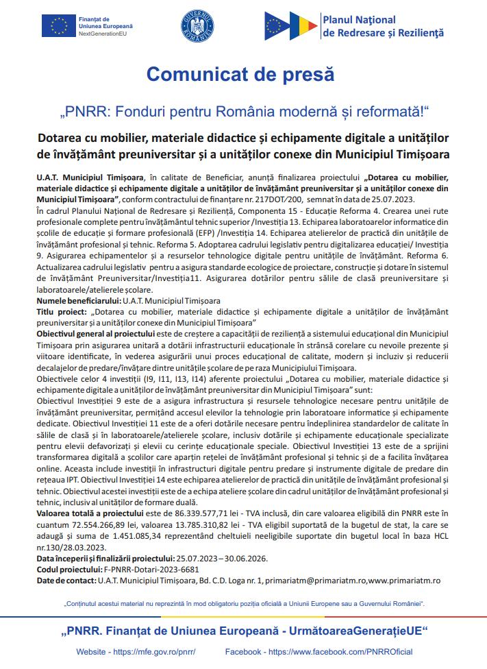 Comunicat de presă: Finalizarea proiectului &bdquo;Dotarea cu mobilier, materiale didacce și echipamente digitale a unităților de &icirc;nvățăm&acirc;nt preuniversitar 