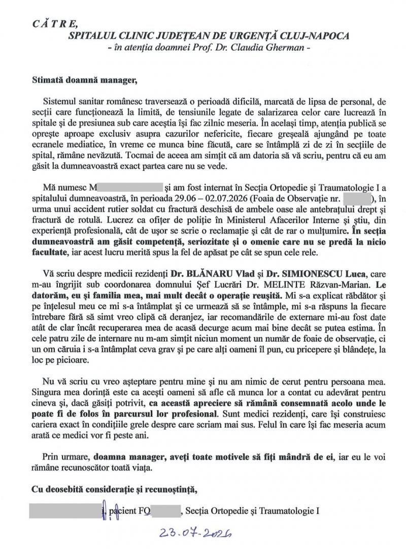 &bdquo;Le voi răm&acirc;ne recunoscător toată viața&rdquo;. Mesajul impresionant al unui polițist pentru medicii de la SCJU Cluj care l-au tratat după un accident grav