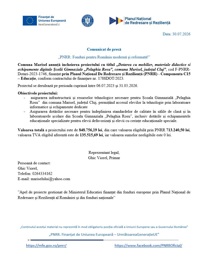 Comunicat de presă: Comuna Marisel anunță incheierea proiectului &bdquo;Dotarea cu mobilier, materiale didactice si echipamente digitale Școlii Gimnaziale &bdquo;