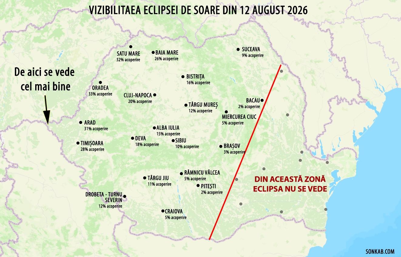 Eclipsa de Soare din 12 august va fi vizibilă și din Rom&acirc;nia. Ora la care va avea loc și din ce zonă a țării se va vedea cel mai bine