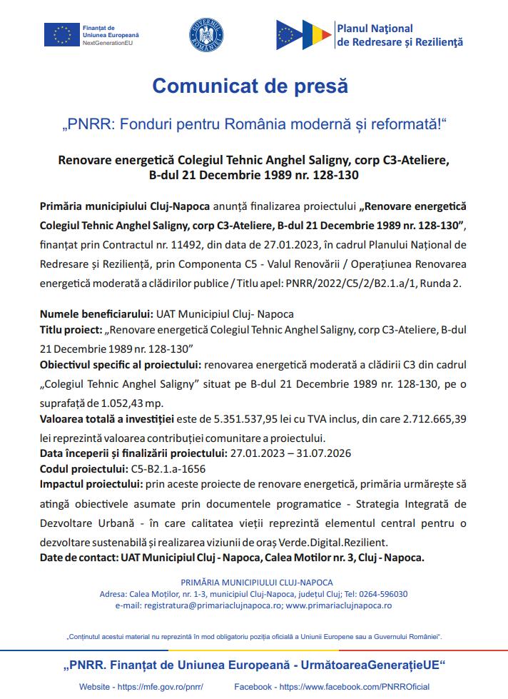 Comunicat de presă: Primăria Cluj-Napoca anunță finalizarea proiectului &bdquo;Renovare energetică Colegiul Tehnic Anghel Saligny, corp C3-Ateliere, B-dul 2