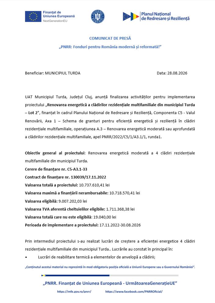 Comunicat de presă: Finalizare activități implementare proiect &bdquo;Renovarea energetică a clădirilor rezidențiale multifamiliale din municipiul Turda &ndash; L