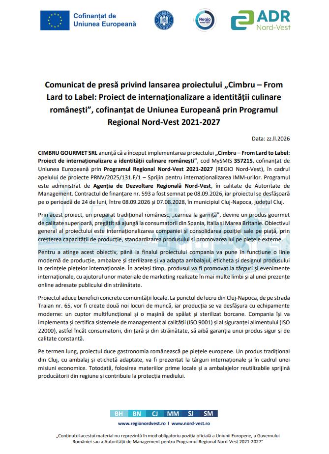 Comunicat de presă privind lansarea proiectului &bdquo;Cimbru &ndash; From Lard to Label: Proiect de internaționalizare a identității culinare rom&acirc;nești&rdquo;