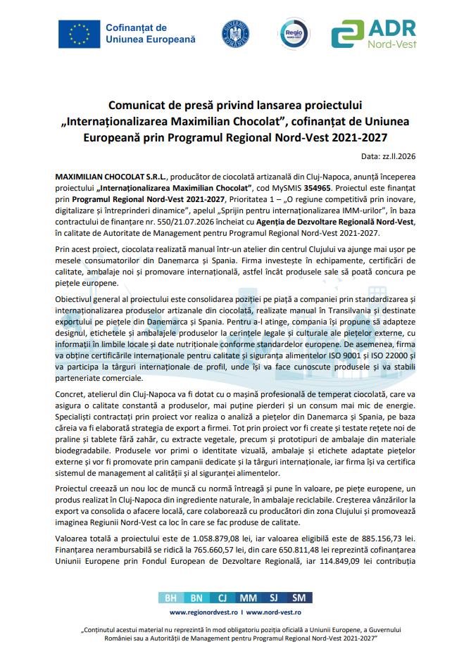 Comunicat de presă privind lansarea proiectului &bdquo;Internaționalizarea Maximilian Chocolat&rdquo;