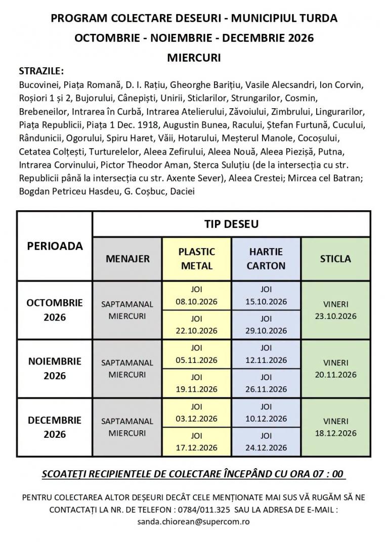 Programul de colectare a deșeurilor &icirc;n Turda pentru lunile Octombrie, Noiembrie și Decembrie 2026