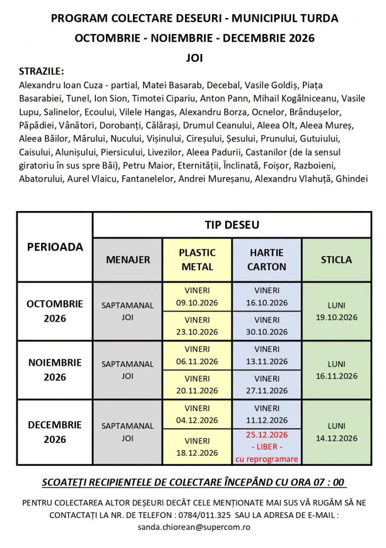 Programul de colectare a deșeurilor &icirc;n Turda pentru lunile Octombrie, Noiembrie și Decembrie 2026