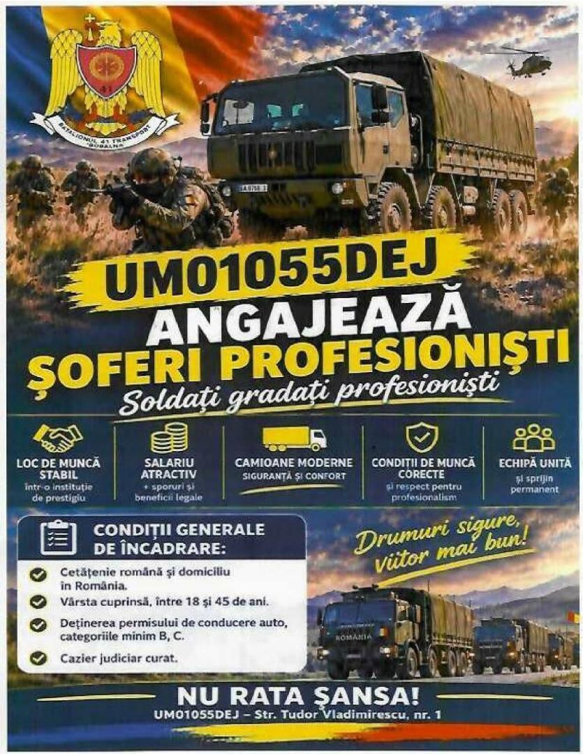 25 de locuri de muncă la o unitate militară din Dej! Nu se cere experiență militară