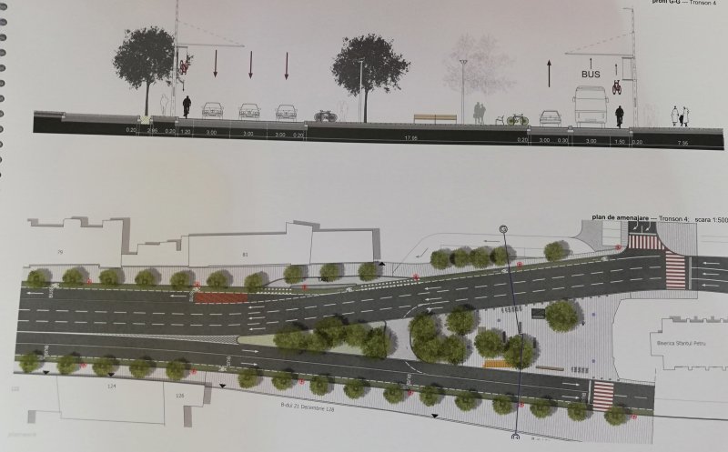 Modernizarea Bd. 21 Decembrie: stații CTP mutate, o străduță devine 100% pietonală, pomișori în locul parcării din fața BRD - FOTO