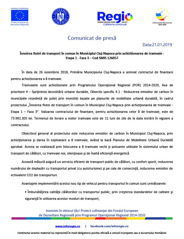 Înnoirea flotei de transport în comun în Municipiul Cluj-Napoca prin achiziționarea de tramvaie - Etapa 1 - Faza 3