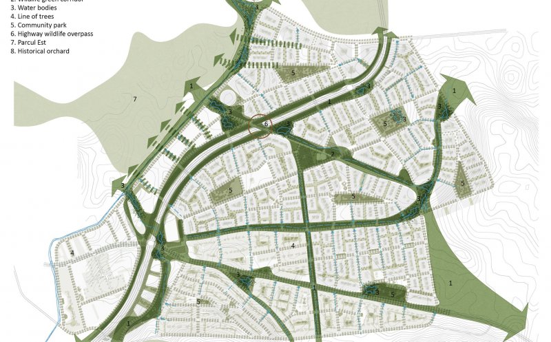 Plan de detaliu pentru SOPOR. Șapte unităţi de cartier, şase staţii de autobuz şi una de tren, alei pietonale și piste de biciclete