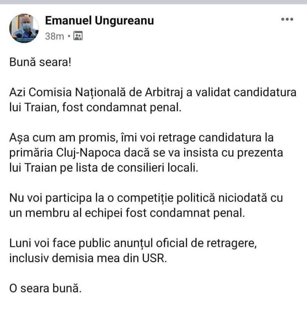 Candidatul USR-PLUS la Primăria Cluj-Napoca și-a anunțat colegii că se retrage din cursă și pleacă din partid