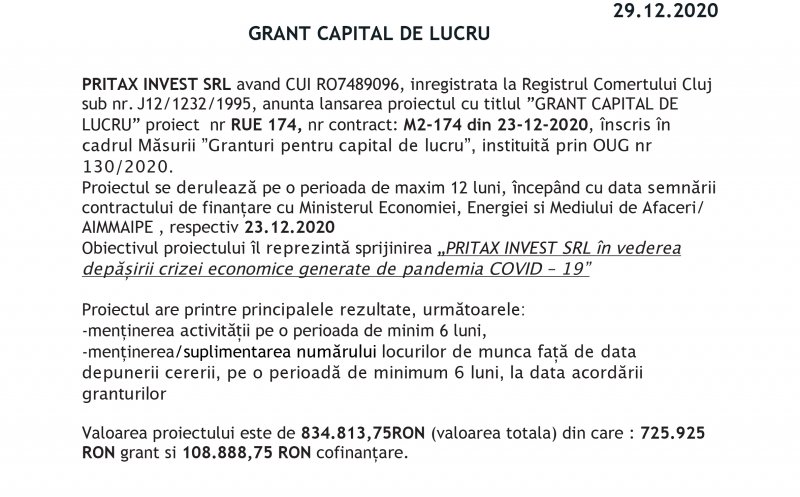 GRANT CAPITAL DE LUCRU