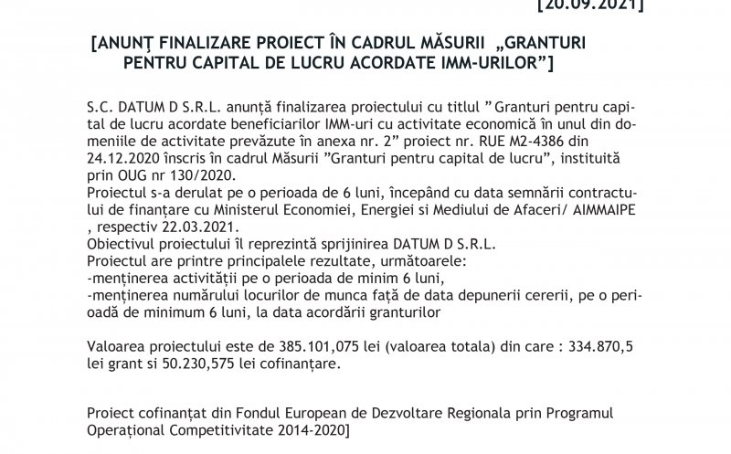 Anunt finalizare proiect