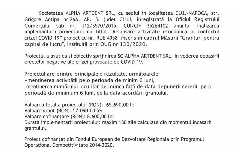 COMUNICAT FINALIZARE PROIECT